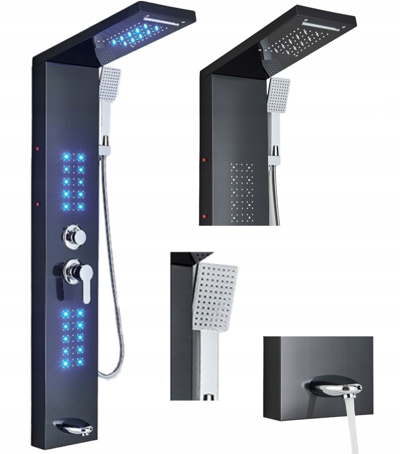 MYQualife PREMIUM LED sprchový panel s hydromasážou, strieborný termostat