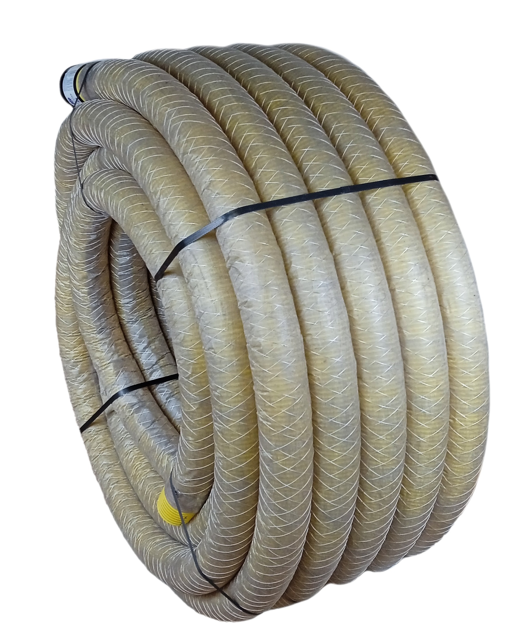 Vlnitá PVC drenážna rúrka, priemer 100, s geo-potiahnutým materiálom.